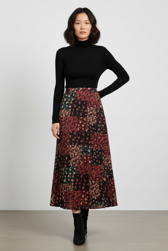 Jupe Longue Plissée Fleurie Fluide Femme Élégante