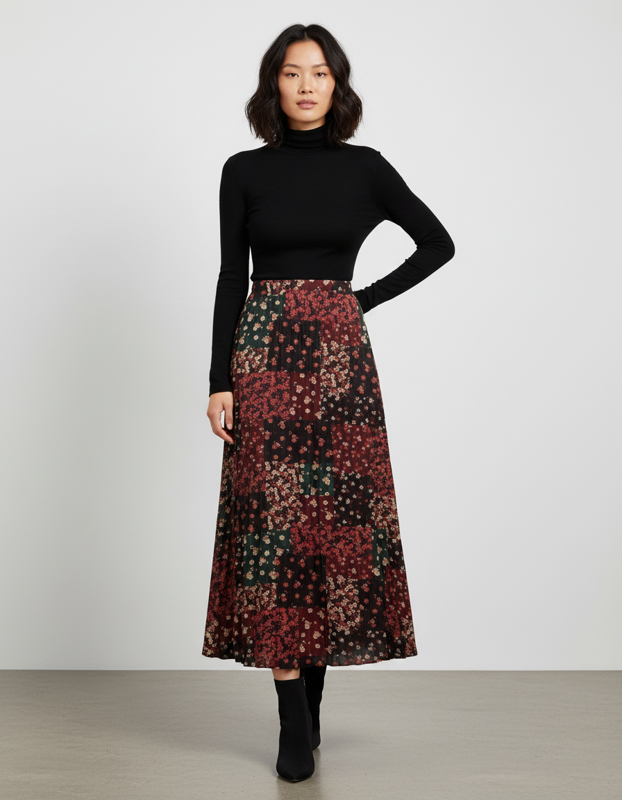 Jupe Longue Plissée Fleurie Fluide Femme Élégante