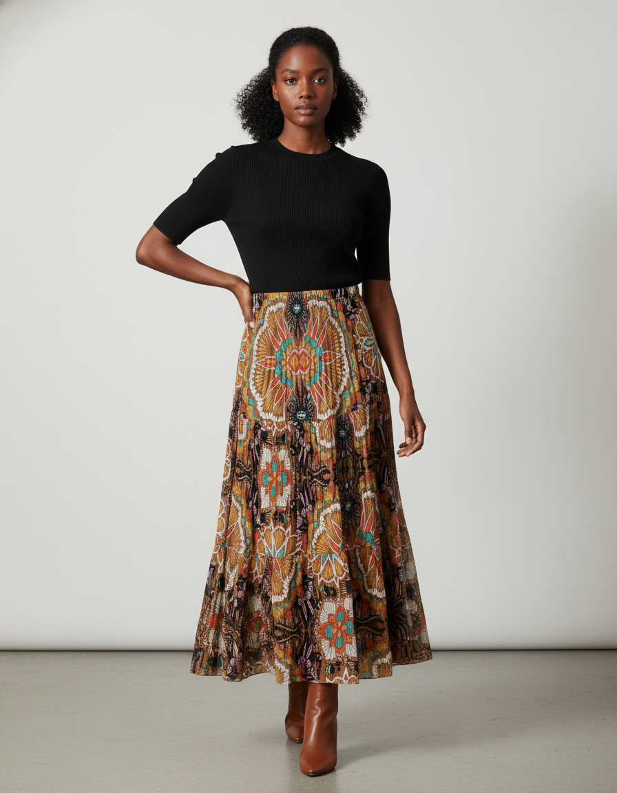 Jupe Longue Imprimée Plissée Bohème