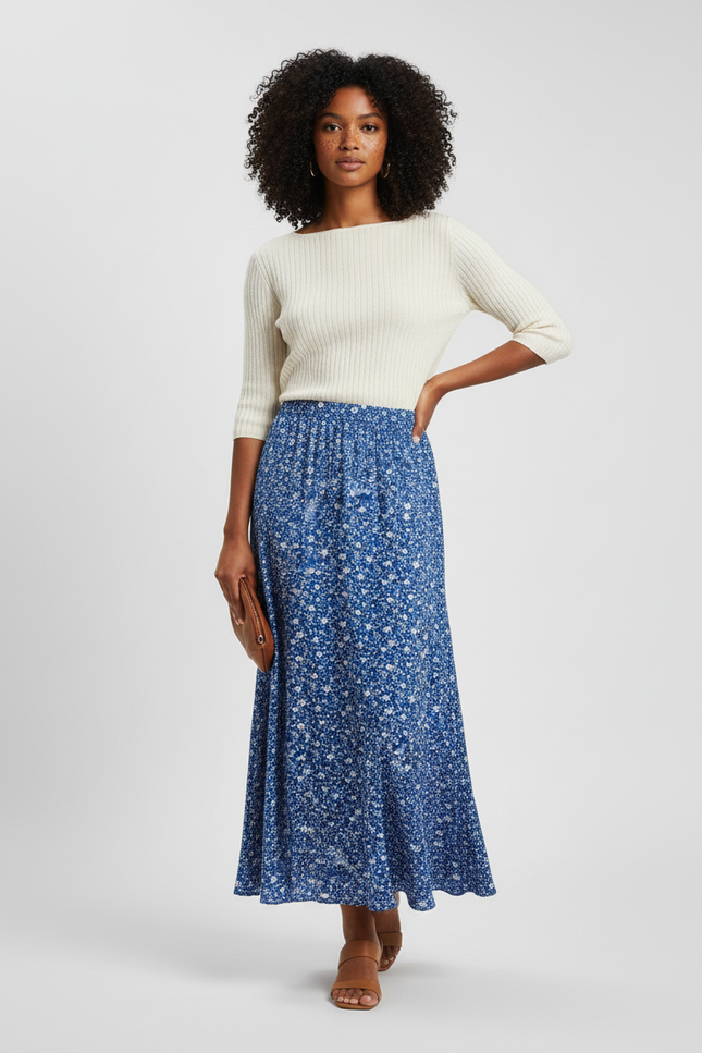 Jupe Longue Bleue Florale Fluide