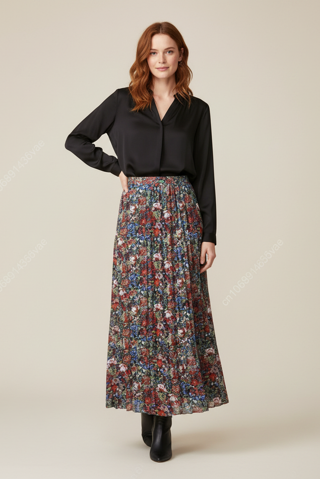 Jupe Longue Plissée Florale Fluide Mode Femme