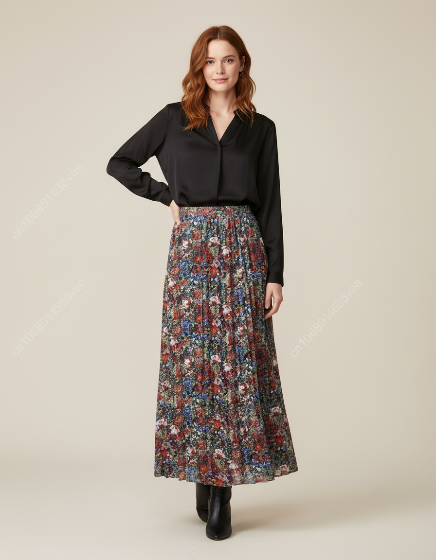 Jupe Longue Plissée Florale Fluide Mode Femme