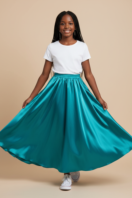 Jupe Longue Turquoise Satin Fluide