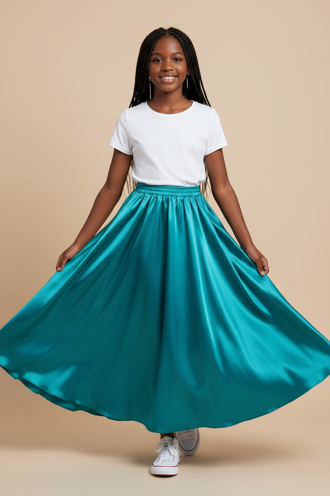 Jupe Longue Turquoise Satin Fluide