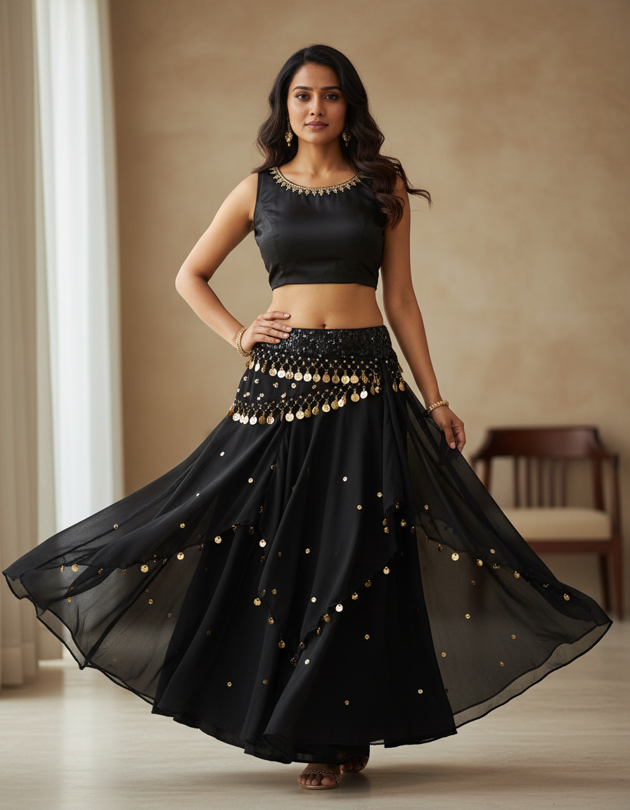 Jupe Longue Noire Fluide Sequins Dorés