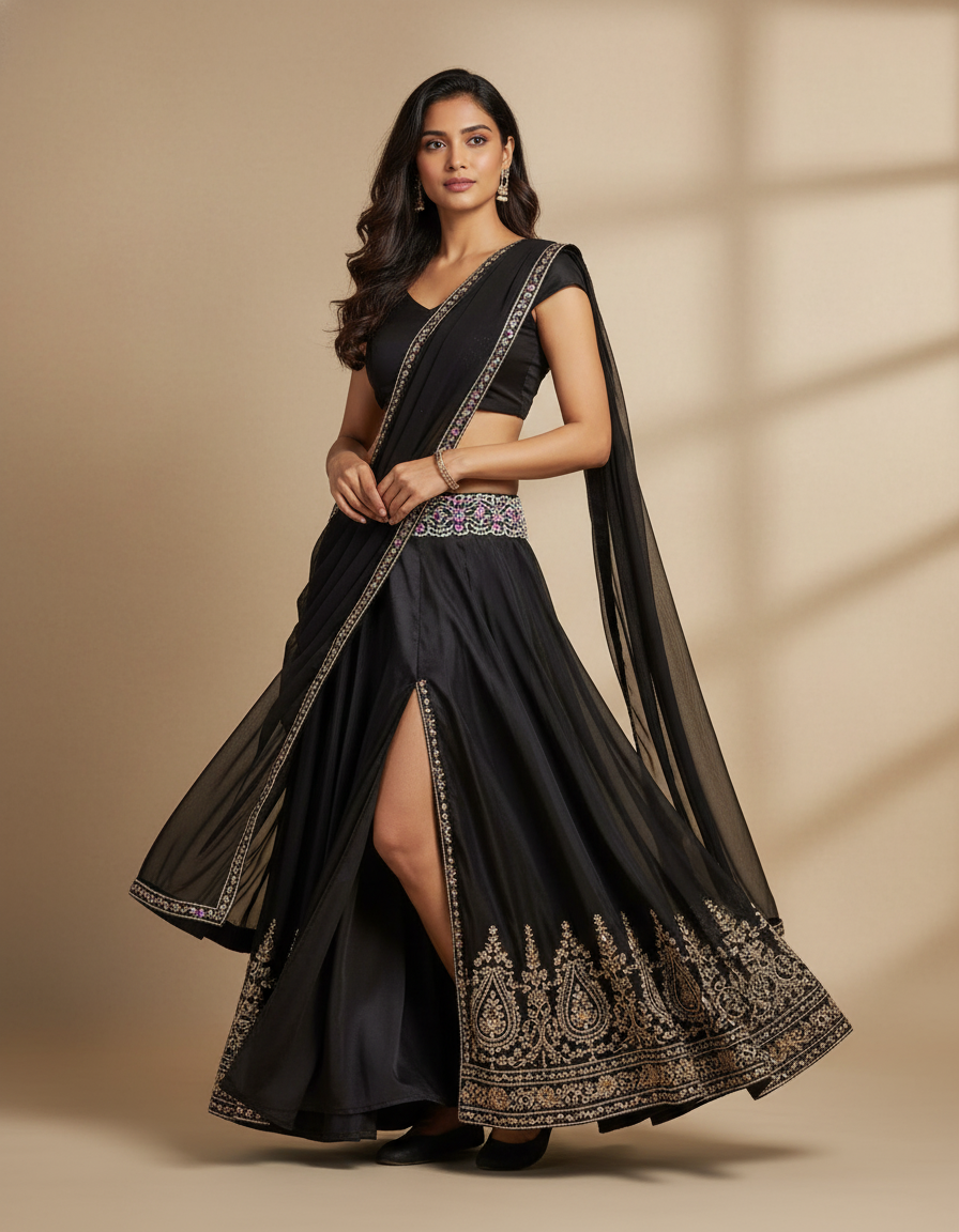 Jupe Longue Noire Fendue Broderie Dorée Élégante