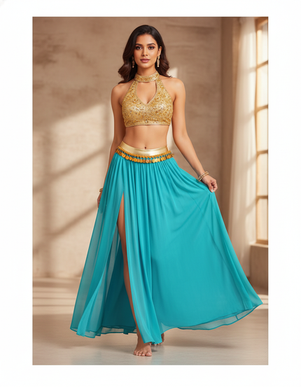 Jupe Longue Fluide Turquoise Fendue