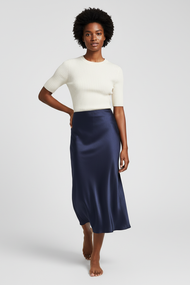 Jupe Longue Satinée Bleue Marine Fluide