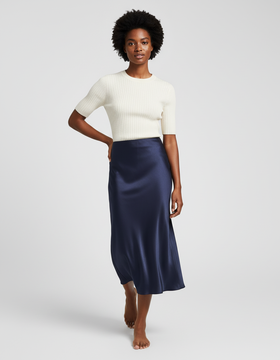 Jupe Longue Satinée Bleue Marine Fluide