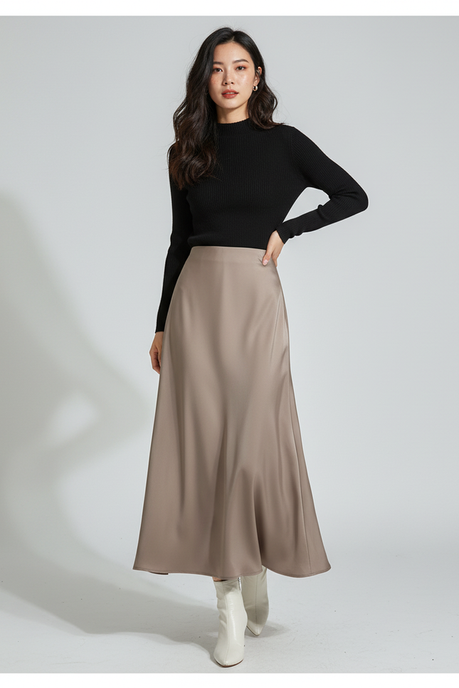 Jupe Longue Beige Satinée Fluide