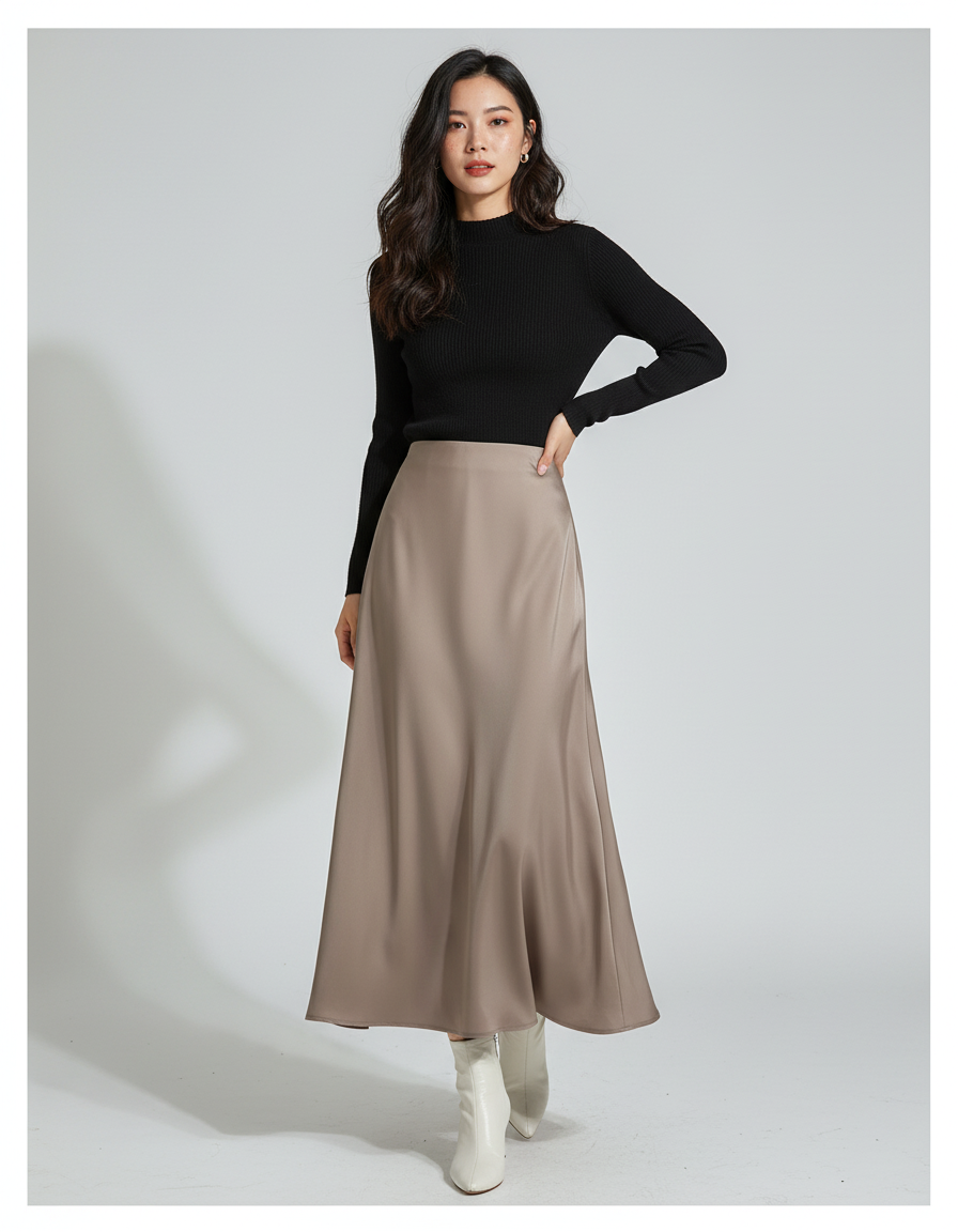 Jupe Longue Beige Satinée Fluide