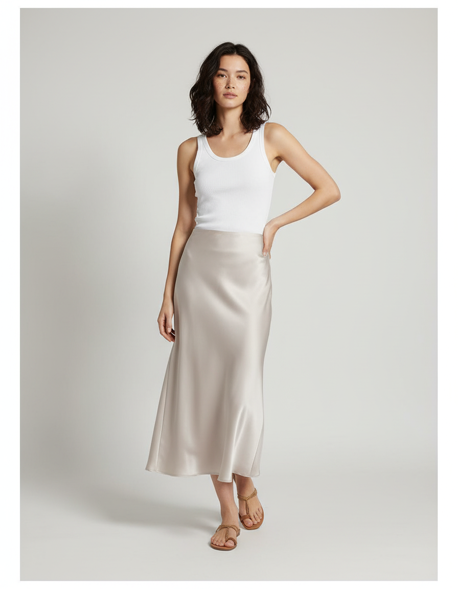 Jupe Longue Satinée Beige Chic