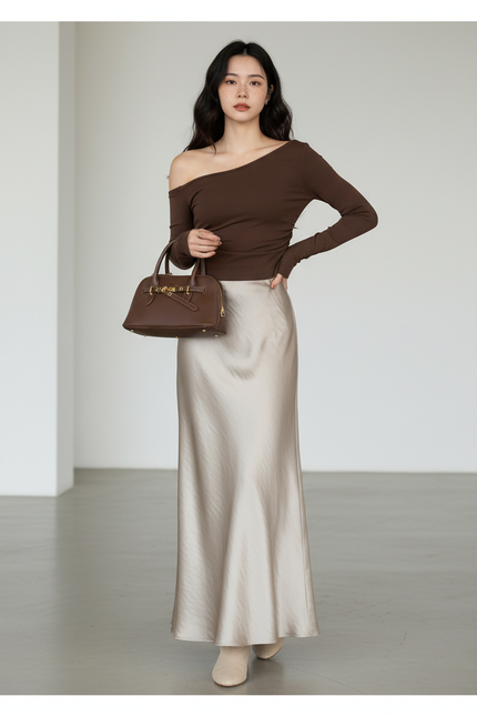 Jupe Longue Satin Champagne Élégante