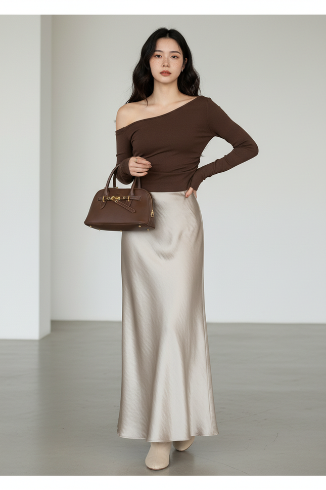 Jupe Longue Satin Champagne Élégante