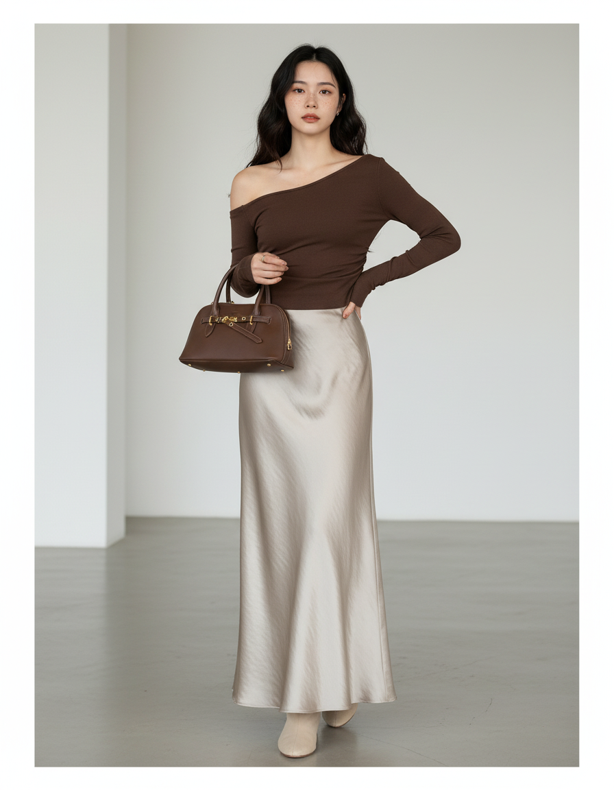 Jupe Longue Satin Champagne Élégante