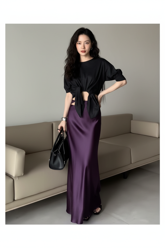 Jupe Longue Pourpre Soie Glacée Fluide