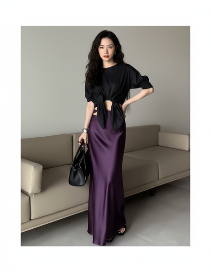 Jupe Longue Pourpre Soie Glacée Fluide