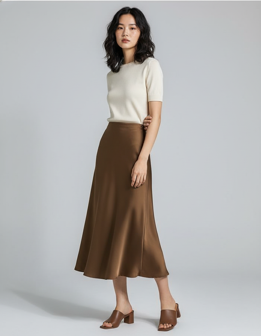 Jupe Longue Satinée Fluide Élégante Tendance Femme