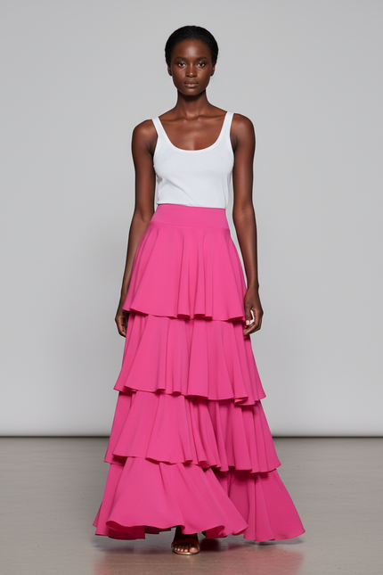 Jupe Longue Rose Fuchsia À Volants Élégante