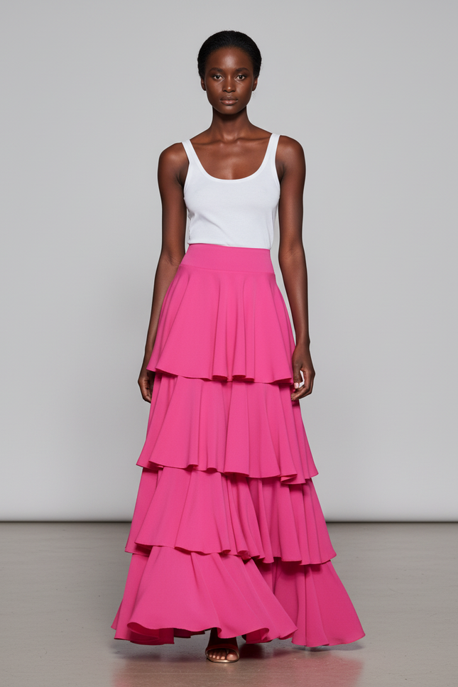 Jupe Longue Rose Fuchsia À Volants Élégante