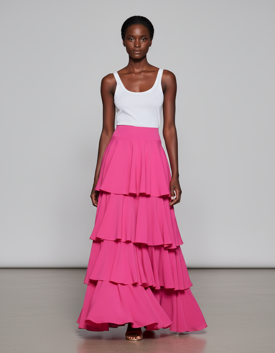 Jupe Longue Rose Fuchsia À Volants Élégante