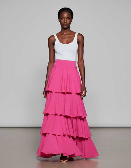 Jupe Longue Rose Fuchsia À Volants Élégante