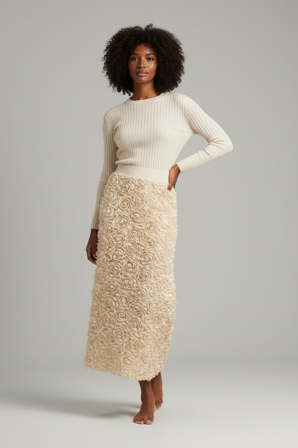 Jupe Longue Crème Roses 3D Élégante