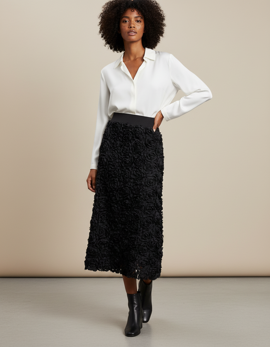 Jupe Longue Brodée Roses Élégante