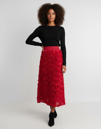 Jupe Longue Rouge Brodée Roses Élégante