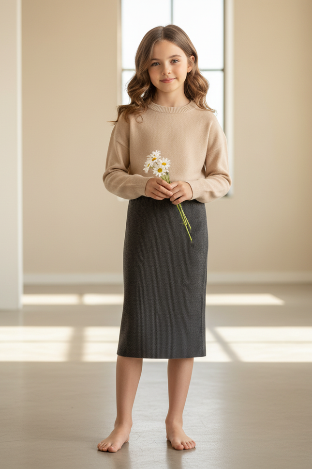 Jupe Longue Grise Côtelée Élégante