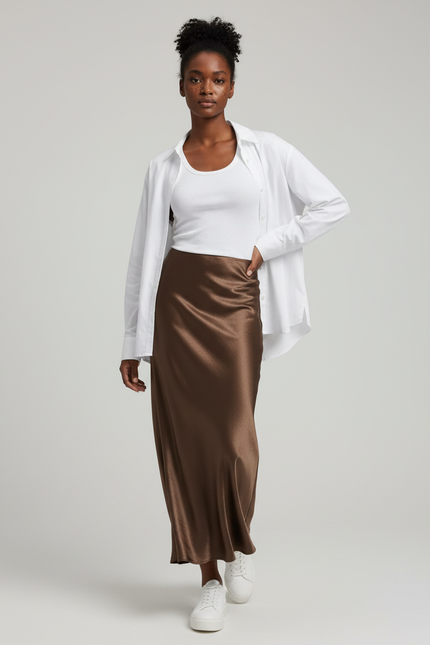 Jupe Longue Satin Marron Élégante