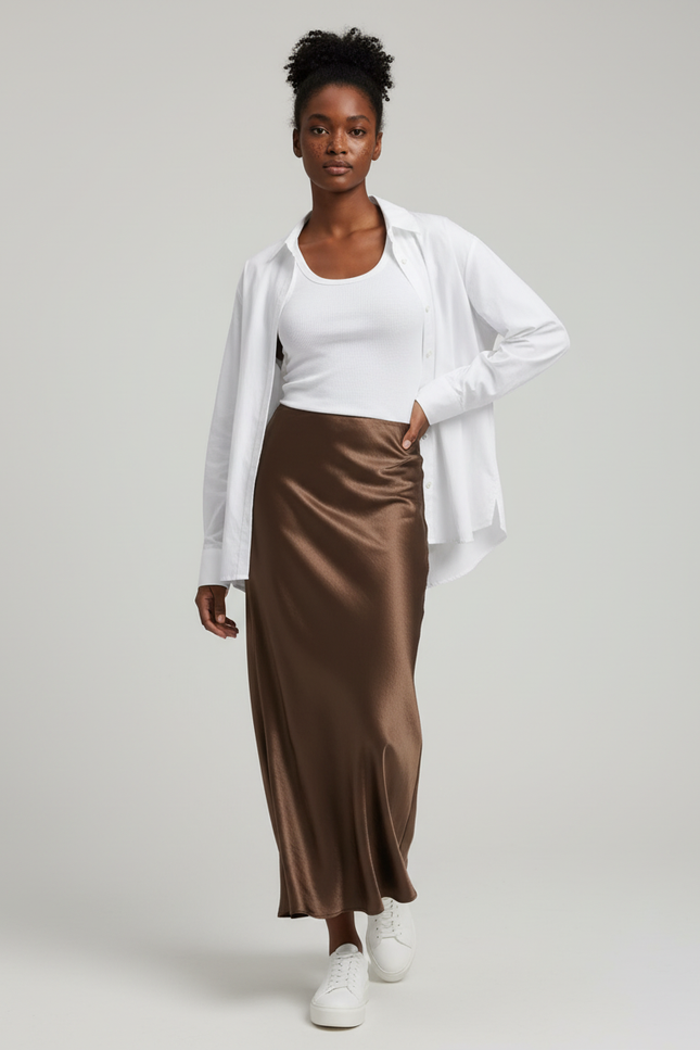 Jupe Longue Satin Marron Élégante