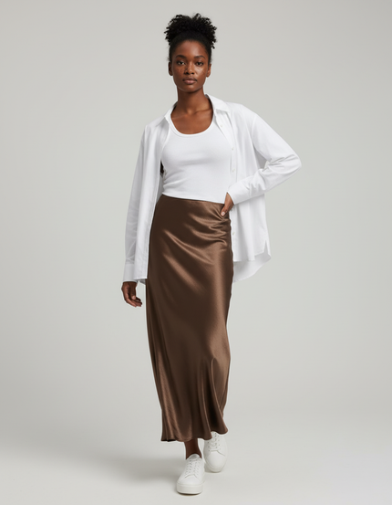 Jupe Longue Satin Marron Élégante