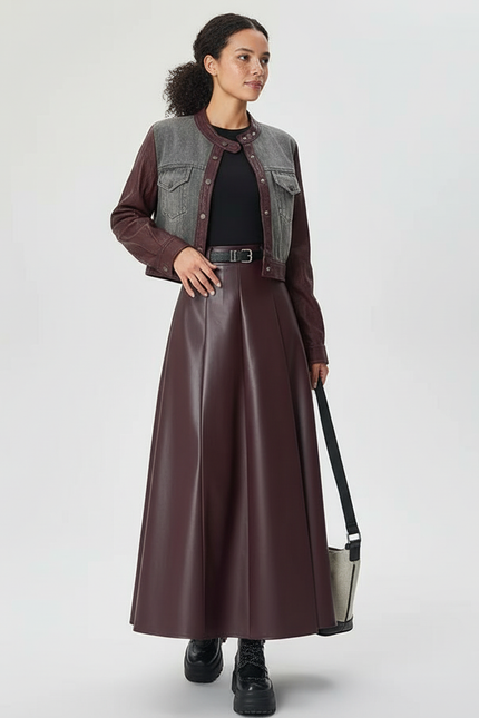 Jupe Longue Simili Cuir Bordeaux