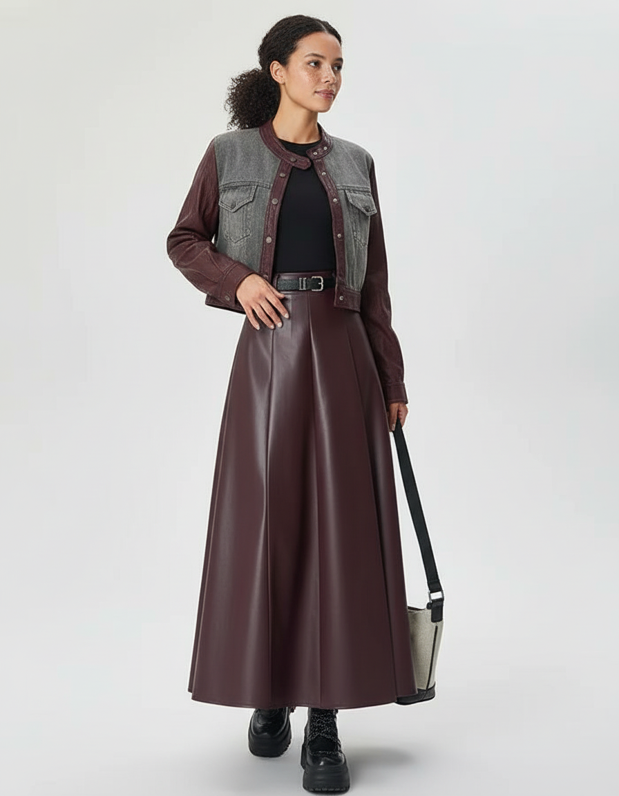 Jupe Longue Simili Cuir Bordeaux