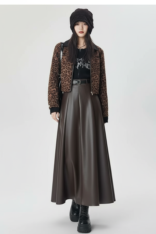 Jupe Longue Simili Cuir Marron