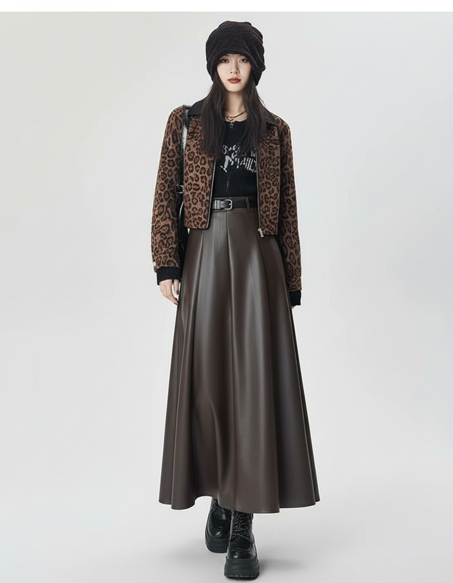 Jupe Longue Simili Cuir Marron