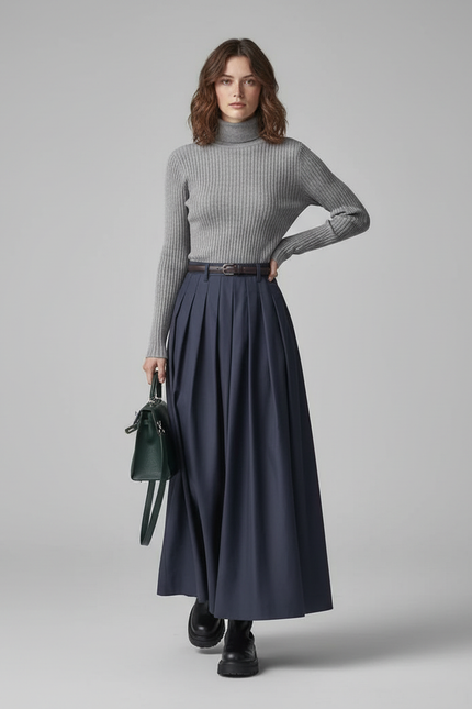 Jupe Longue Bleu Marine Plissée Élégante