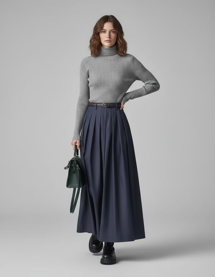 Jupe Longue Bleu Marine Plissée Élégante