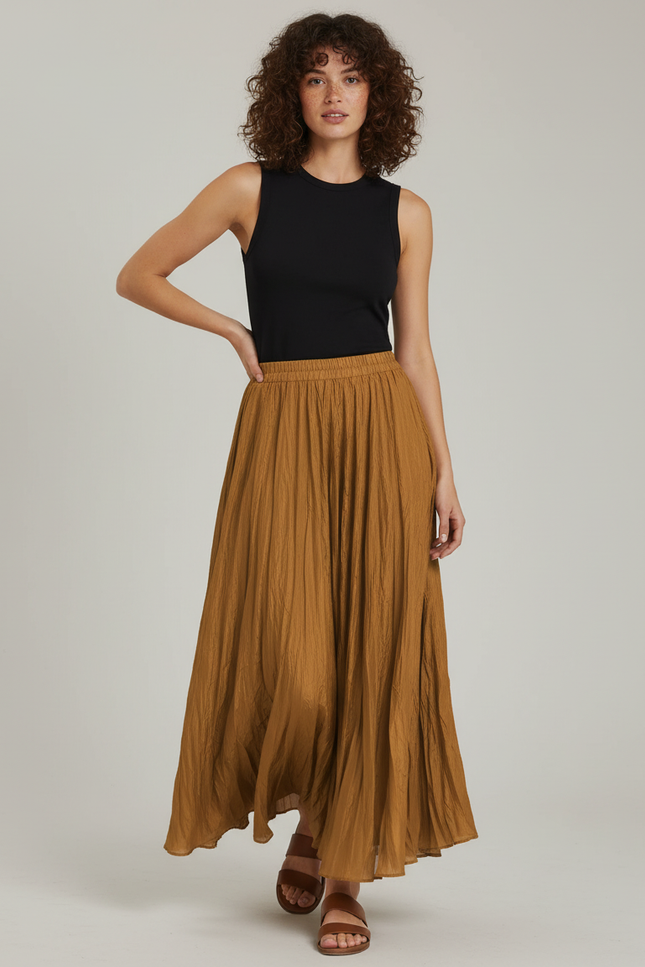 Jupe Longue Camel Plissée Fluide