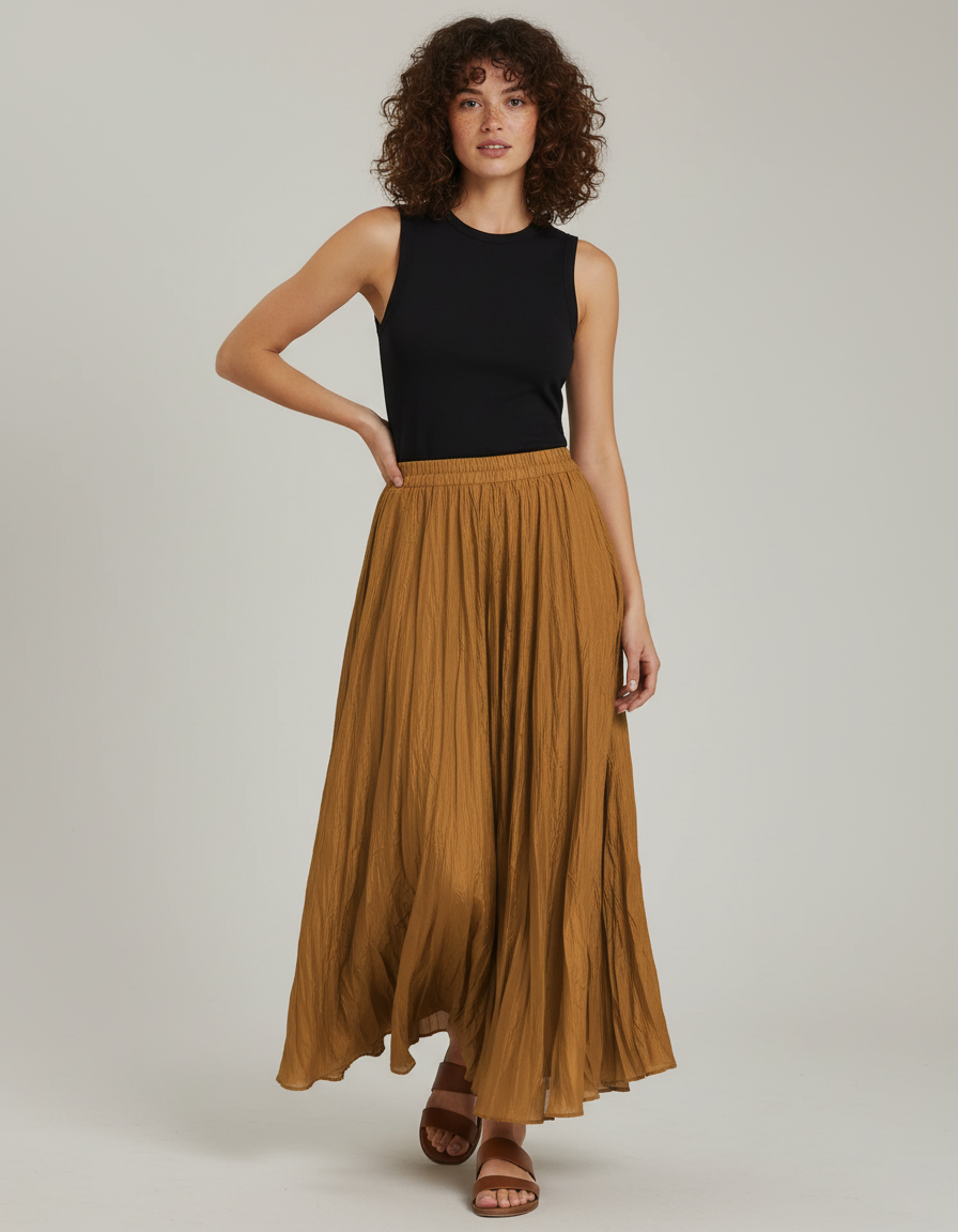 Jupe Longue Camel Plissée Fluide
