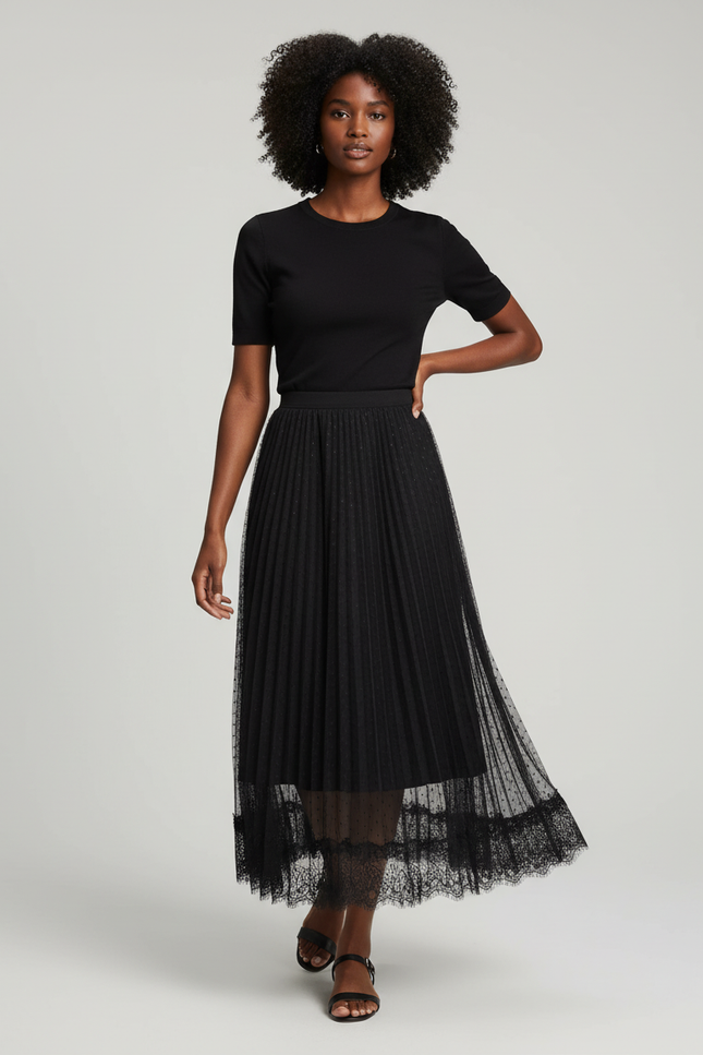 Jupe Longue Plissée Noire Transparente