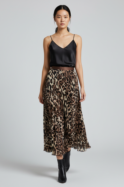 Jupe Longue Imprimé Léopard Plissée Élégante