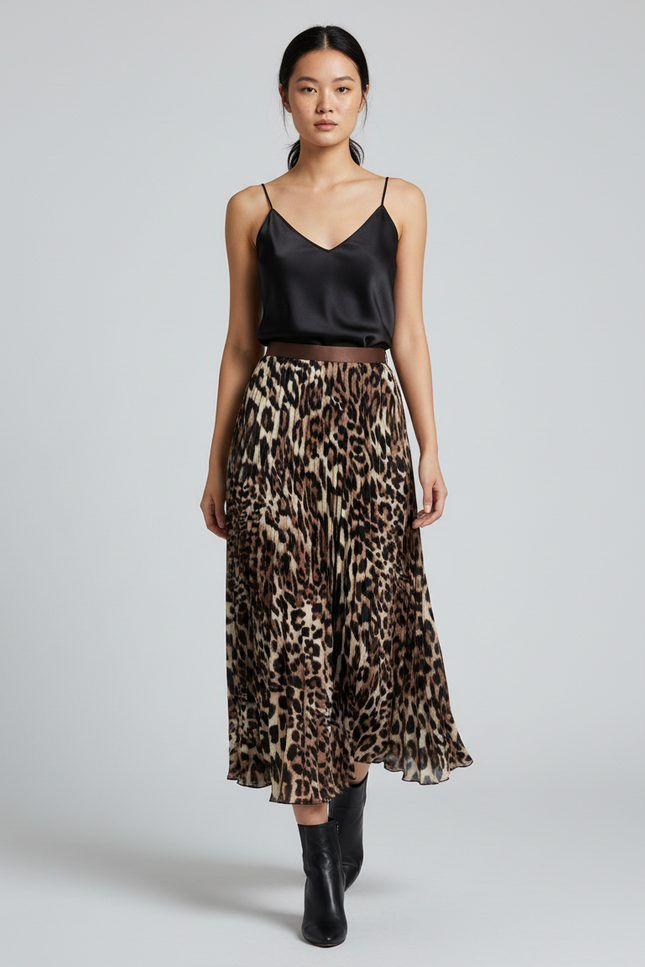 Jupe Longue Imprimé Léopard Plissée Élégante