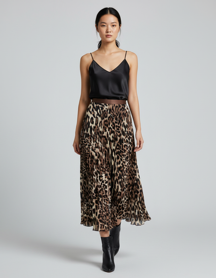 Jupe Longue Imprimé Léopard Plissée Élégante