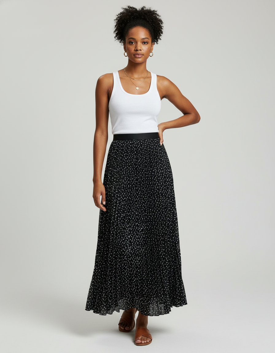 Jupe Longue Plissée Fluide À Pois