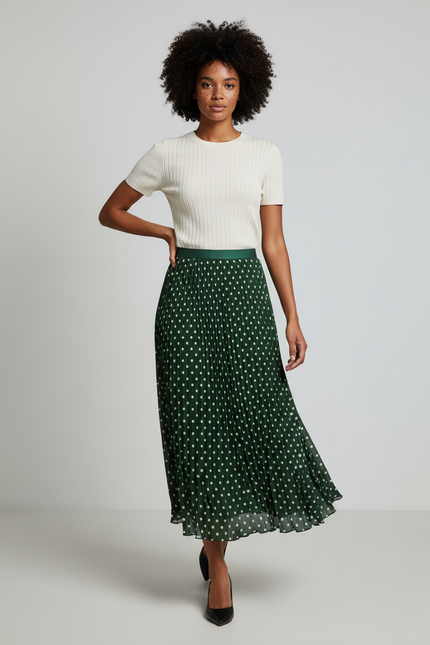Jupe Longue Verte À Pois Plissée