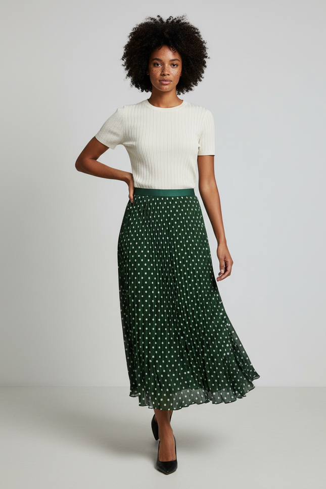 Jupe Longue Verte À Pois Plissée