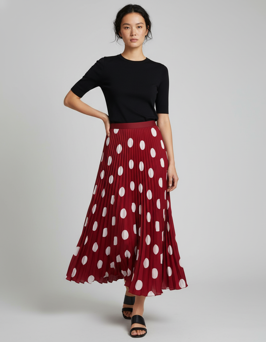 Jupe Longue Plissee A Pois