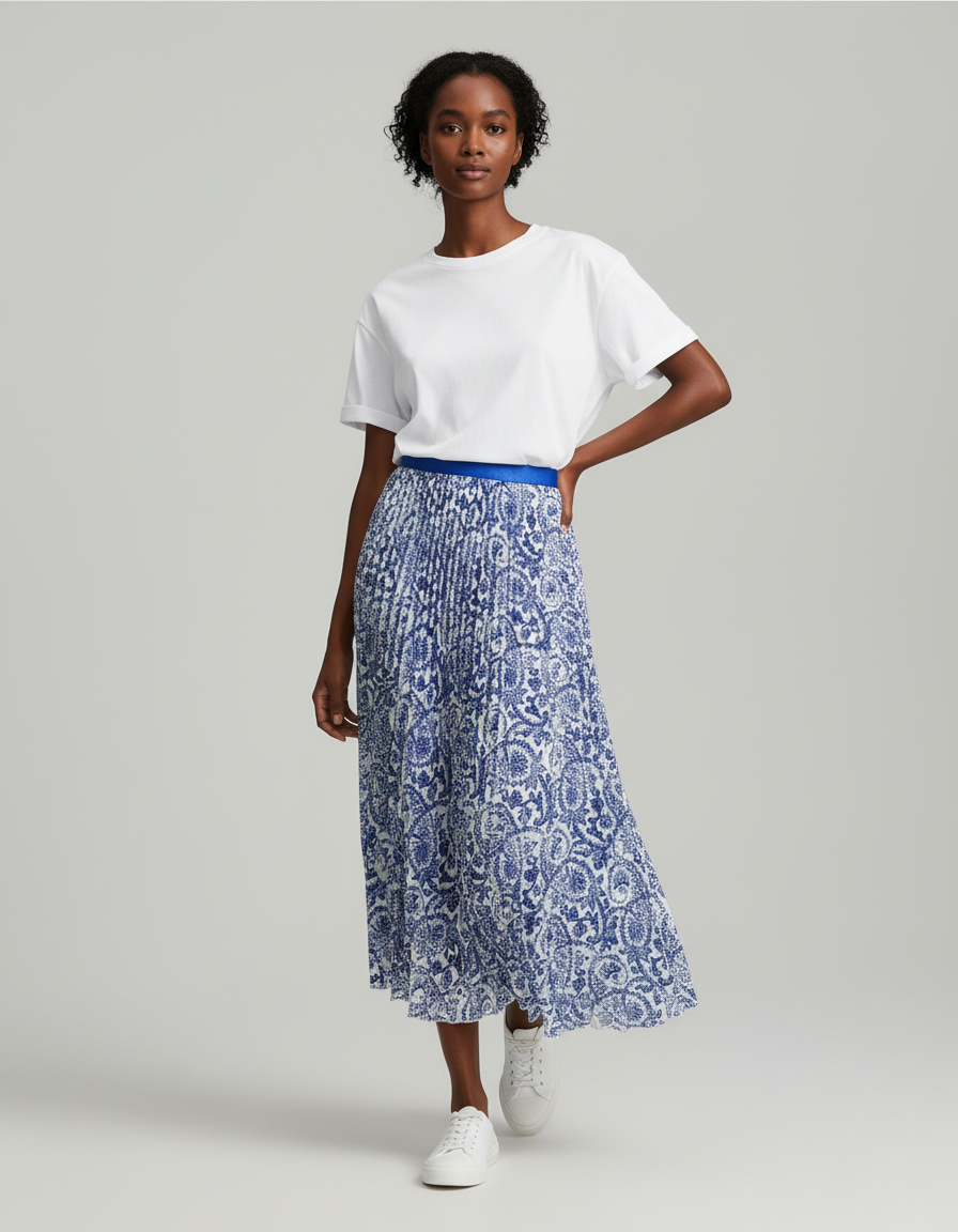 Jupe Longue Fleurie Bleu Et Blanc